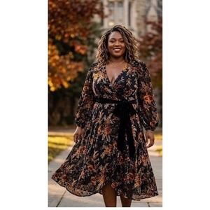 Hutch Black Burnout Velvet Floral Wrap‎ Midi Dress Long Balloon Sleeve Plus 1X
